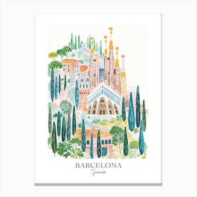 Barcelona Spain Gouache Travel Illustration Canvas Print