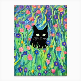 Black Cat In A Flower Field Colourful Painting Canvas Print