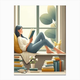 Girl Reading Book On Window Sill Canvas Print