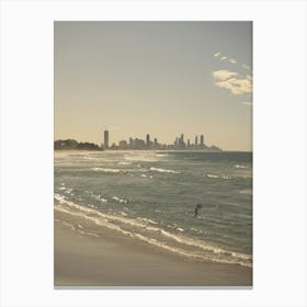 Surfer On The Beach Fujifilm Soft Neutral Colours With Gold Coast Cityscape Canvas Print