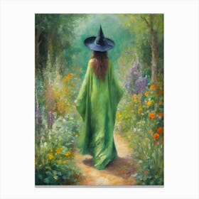A Green Witch Walking Through Monet's Garden in Spring | Early Summer Flowers Magical Landscape Witchy Art Print | Pagan Litha Lammas Wicca Witchcraft Canvas Print