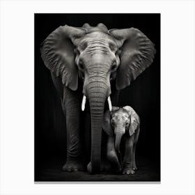 Black And White Photograph Of A Baby Elephant Next To Mother Canvas Print