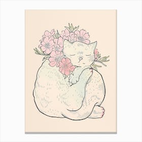 Cute Fluffy Cat With Flowers Illustration 2 Canvas Print