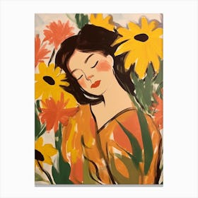 Woman With Autumnal Flowers Sunflower Canvas Print