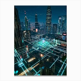 A Futuristic Cityscape Interconnected By Glowing Cyber Security Mesh Networks Represented By Pulsat (6) Canvas Print