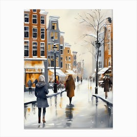 Amsterdam cafes, winter season, Christmas, autumn oil colors, pale colors, pedestrians in the street, winter clothes, falling snow.5 Canvas Print