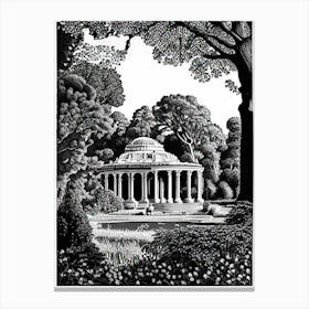 Villa Borghese Gardens, 1, Italy Linocut Black And White Vintage Canvas Print