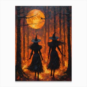 Witches Making Mayhem in Fiery Woods - Witchcraft Oil Painting Gothic Horror Halloween Artwork of Beltane Fire Festival on a Full Moon - Pagan Wiccan Wheel of the Year Canvas Print