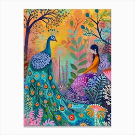 Peacock & A Woman In The Meadow 1 Canvas Print