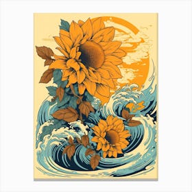 Great Wave With Sunflower Flower Drawing In The Style Of Ukiyo E 2 Canvas Print