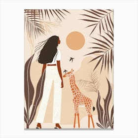 Giraffe And Woman In The Jungle Canvas Print