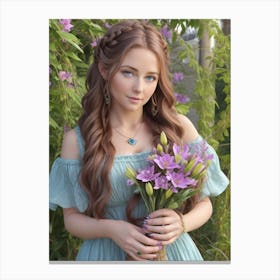 Young Woman Holding A Bouquet Of Flowers Canvas Print