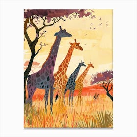 Herd Of Giraffe At Sunset Watercolour Illustration Canvas Print