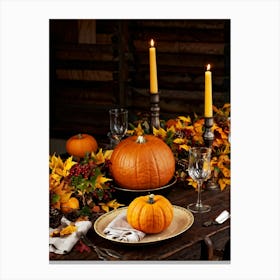 Autumnal Thanksgiving Table Setting Centering An Organic Pumpkin Surrounded By A Bounty Of Golden (3) Canvas Print