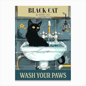 Black Cat Wash Your Paws Poster Bathroom Decoration Print Animal Picture Vintage Canvas Print
