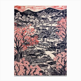 Kyoto Cherry Season Japan Linocut Illustration Style 2 Canvas Print