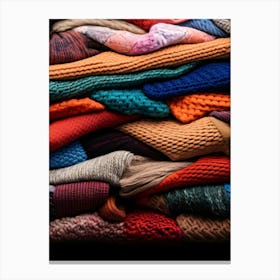 Pile Of Colorful Knitted Sweaters Canvas Print