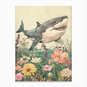 Shark With The Flowers Detailed Line Illustration Canvas Print