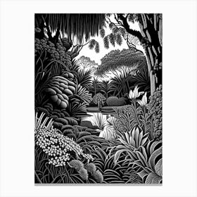 Royal Botanic Gardens, Victoria, Australia Linocut Black And White Vintage Canvas Print