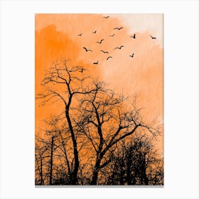 watercolor trees,birds,nature,forest,orange,sunset Canvas Print