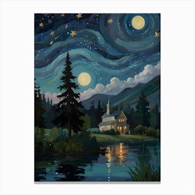 Create an image of a dreamy night landscape featuring swirling stars and a crescent moon in a deep blue sky. In the foreground, include a serene lake reflecting the celestial scene, bordered by lush greenery and cypress trees. Canvas Print