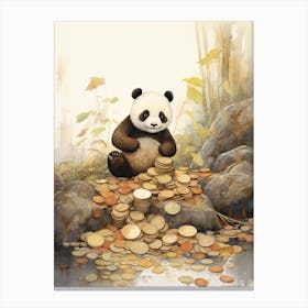 Panda Art Collecting Coins Watercolour 3 Canvas Print