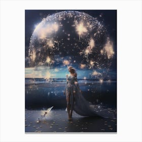 Woman on the beach surrounded by cosmic stardust 5 Canvas Print