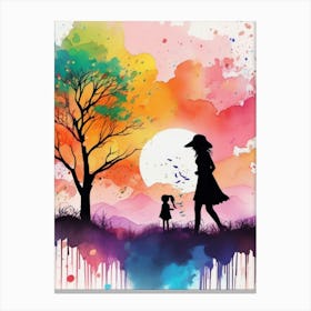 Mommy and Me, Silhouette Of Mother And Child Watercolor Splash Canvas Print