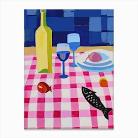 Painting Of A Table With Food And Wine, French Riviera View, Checkered Cloth, Matisse Style 4 Canvas Print