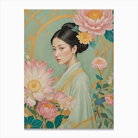 Woman With Flowers In Pastel Canvas Print