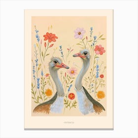 Folksy Floral Animal Drawing Ostrich 2 Poster Canvas Print