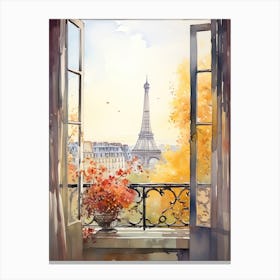 Window View Of Paris France In Autumn Fall, Watercolour 2 Canvas Print