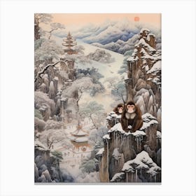 Jigokudani Monkey Park In Nagano, Ukiyo E Drawing 2 Canvas Print