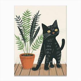 Black Cat With Plant Canvas Print