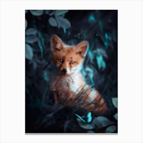 Baby Fox And Blue Butterfly in Green Forest 1 Canvas Print