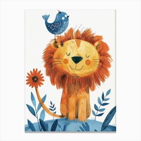 Small Joyful Lion With A Bird On Its Head 21 Canvas Print