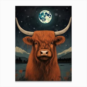 Highland Cow In Moonlight Textured Illustration 4 Canvas Print