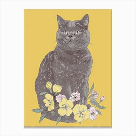 Cute British Shorthair Cat With Flowers Illustration 1 Canvas Print