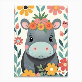 Floral Baby Hippo Nursery Illustration (11) Canvas Print