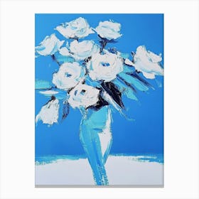 White Roses In A Blue Vase 1 Canvas Print