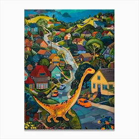 Cute Colourful Dinosaur In A Village 2 Canvas Print