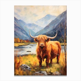 Highland Cow Impressionism Style Painting By The Loch Canvas Print
