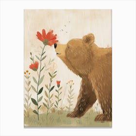 Brown Bear Sniffing A Flower Storybook Illustration 1 Canvas Print