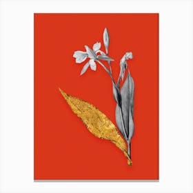 Vintage Bandana of the Everglades Black and White Gold Leaf Floral Art on Tomato Red n.0640 Canvas Print