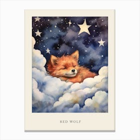 Baby Red Wolf Sleeping In The Clouds Nursery Poster Canvas Print