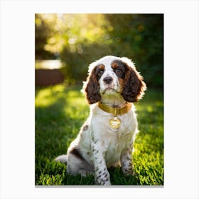 English Spaniel Puppy Radiating Adorableness Wearing A Shimmering Gold Collar Perched On A Lush G (7) Toile