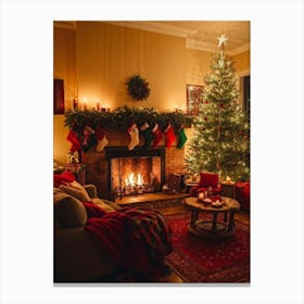 Christmas Interior Brimming With Festive Decorations Fireplace Crackling In The Background Stocki (6) Canvas Print