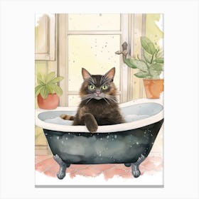 Black Cat In Bathtub Botanical Bathroom 6 Canvas Print