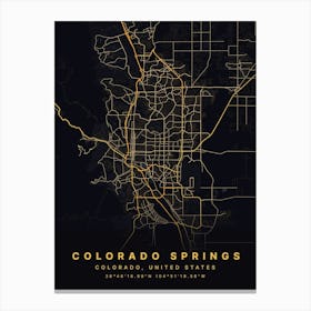 Colorado Springs Colorado USA Black And Gold Map Canvas Print