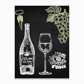 Wine Bottle And Glass On Chalkboard — wine poster, kitchen poster, wine print Canvas Print